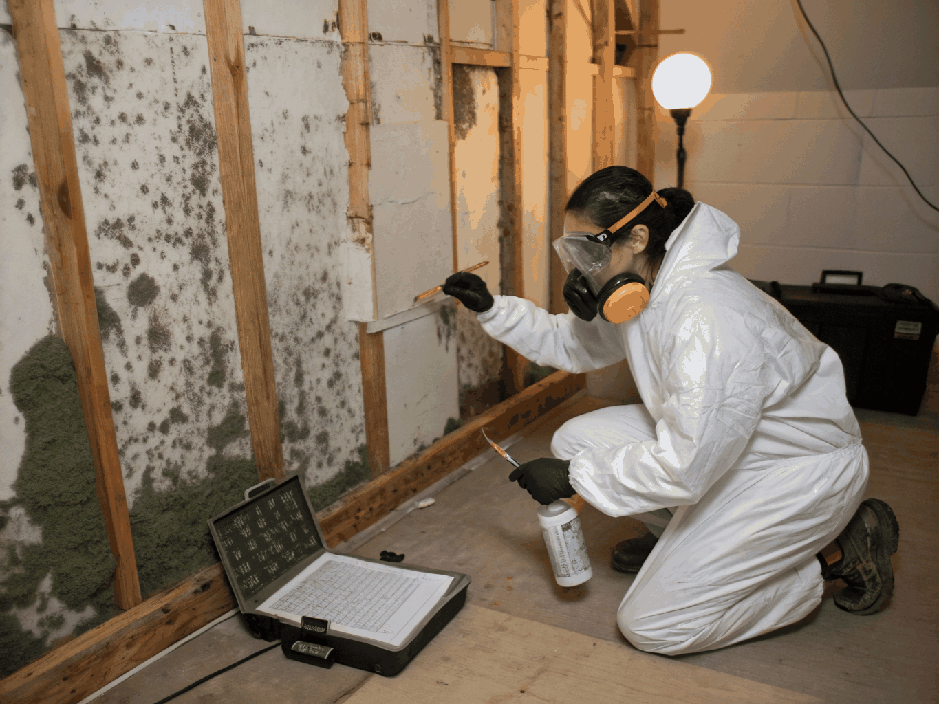 Technician setting up negative air scrubbers and containment barriers for mold removal